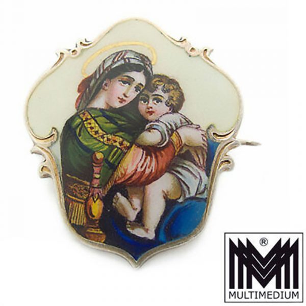 Jugendstil Emaille Silber Brosche Raphael Madonna Sedia enamel brooch