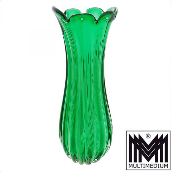 Murano Glas Vase Archimede Seguso Barovier & Toso Italy Grün ribbed