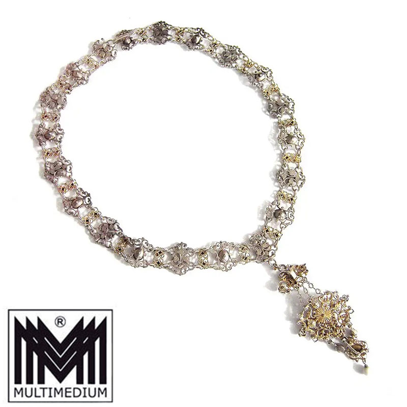 Historismus Neorenaissance Silber Collier Halskette filigran gilt garnet pearl filigree