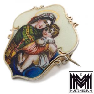 Jugendstil Emaille Silber Brosche Raphael Madonna Sedia enamel brooch
