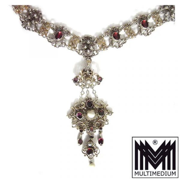 Historismus Neorenaissance Silber Collier Halskette filigran gilt garnet pearl filigree