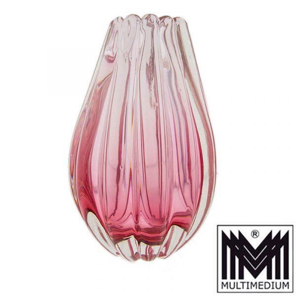 Flavio Poli für Seguso Vetri Darte Murano Glas Vase Rippenvase violett rot gerippt