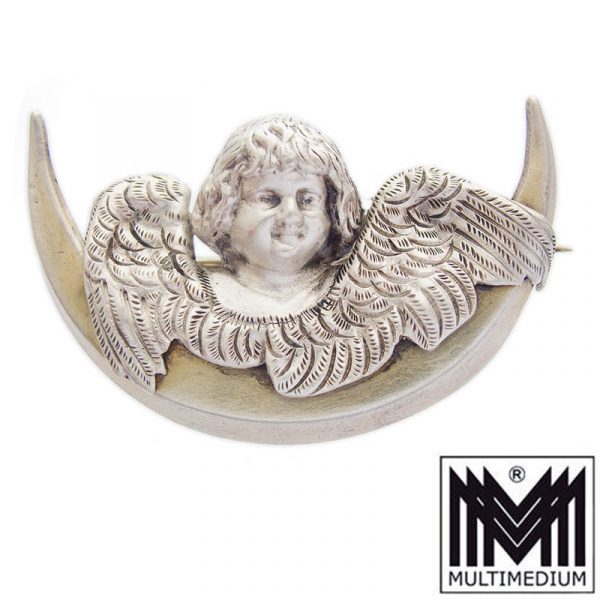 Antike Biedermeier Silber Brosche Engel Mondsichel Victorian silver brooch