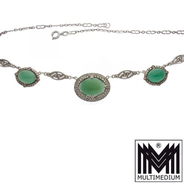 Art Deco Silber Collier u. Ring Markasiten Achat Grün Halskette agate