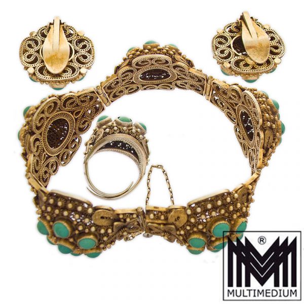 China Türkis Silber Set Armband Ohrringe Ring vergoldet filigran Handarbeit