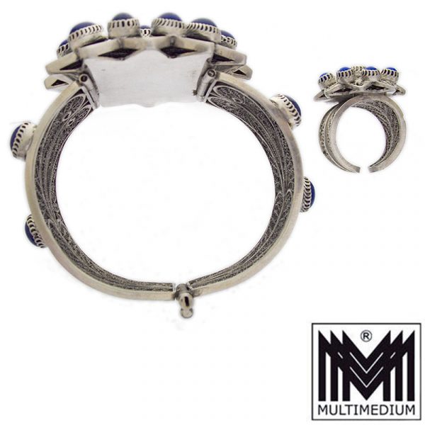 Silber Set um 1946 Armreif Ring Ägypten Armband Lapislazuli filigran Handarbeit