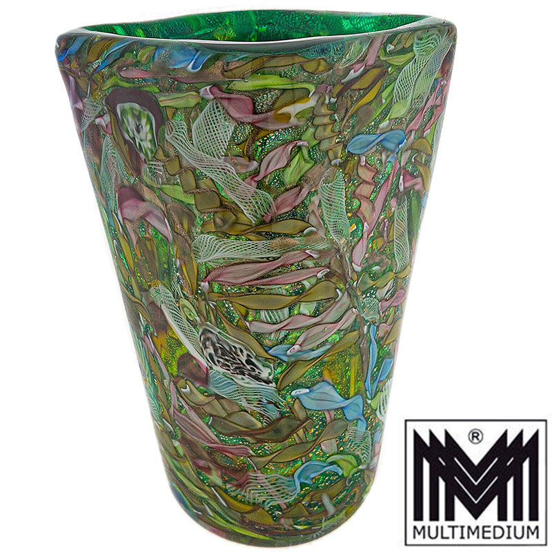 Große grüne Murano Glas Vase Aureliano Toso Entwurf Dino Martens Murrinen Zanfirico