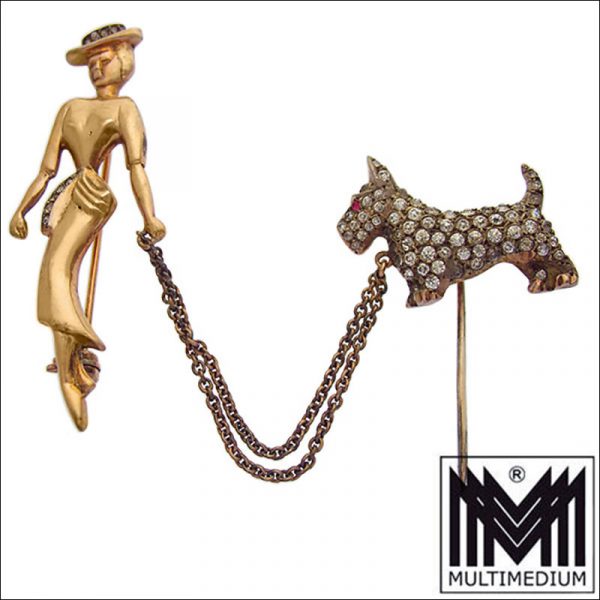 Seltene Silber Art Deco Straß Brosche mit Krawattennadel Dame mit Hund