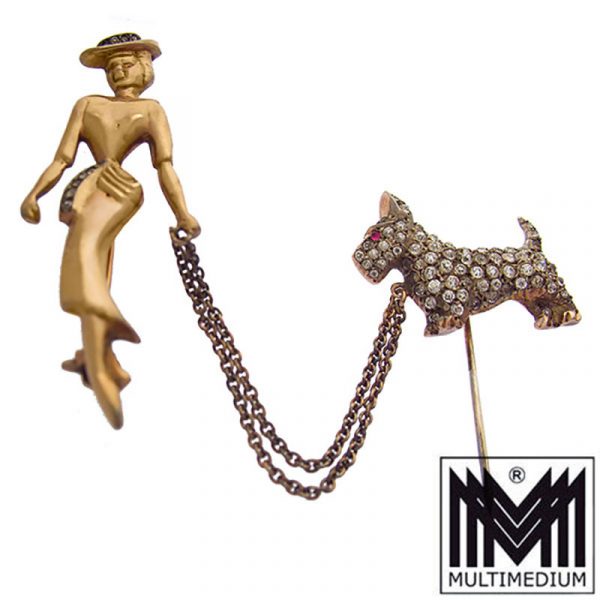Seltene Silber Art Deco Straß Brosche mit Krawattennadel Dame mit Hund