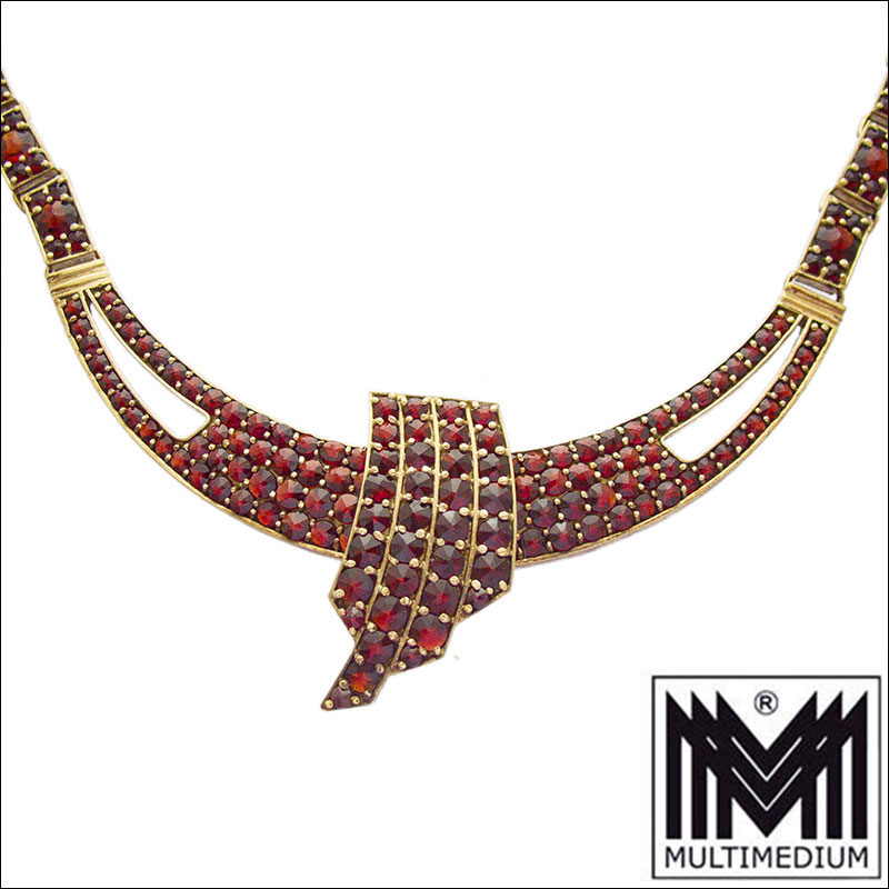 Art Deco Granat Silber Collier vergoldet Halskette silver gilt garnet necklace