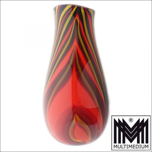Große schwere XXL Murano Glas Vase Schwarz Rot Gelb gestreift large heavy glass