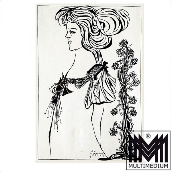 Original Tusche Zeichnung - Gisela Geser - Titel - Mädchen mit Blumenstock