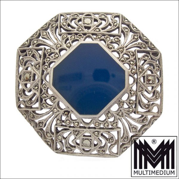 Prachtvolle antike Art Deco Markasiten Silber Brosche Chalzedon