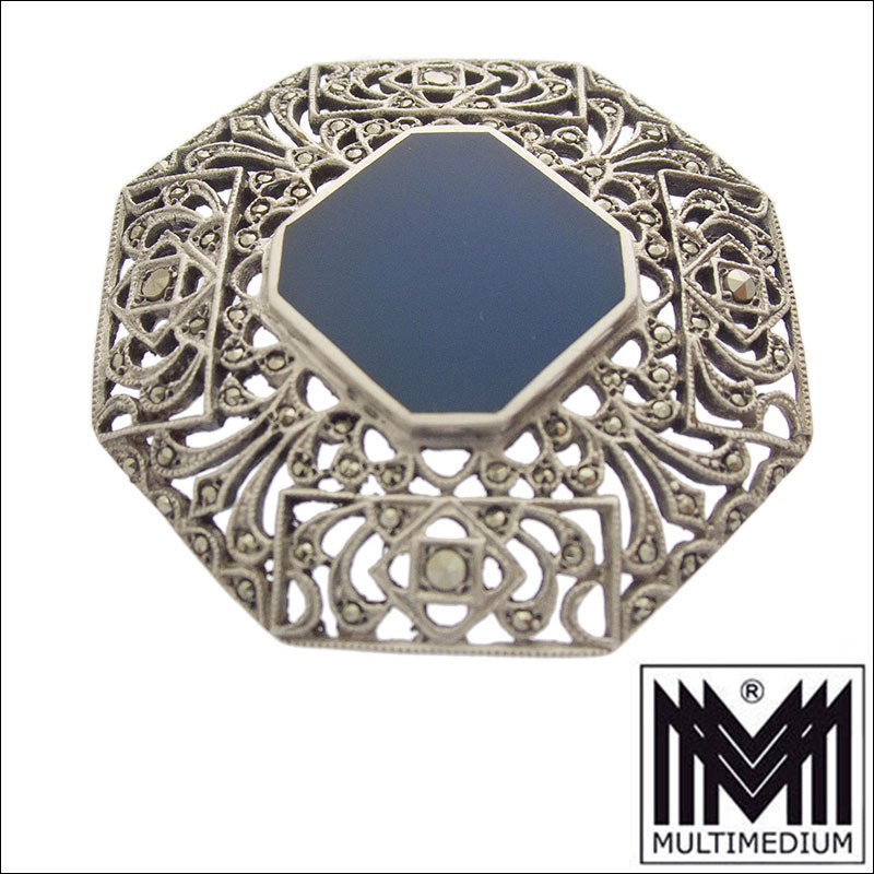 Prachtvolle antike Art Deco Markasiten Silber Brosche Chalzedon