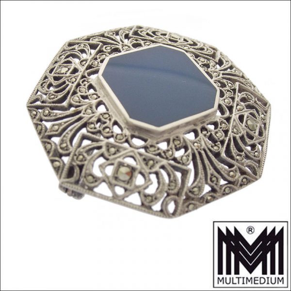 Prachtvolle antike Art Deco Markasiten Silber Brosche Chalzedon