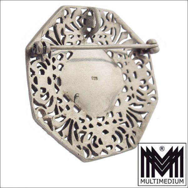 Prachtvolle antike Art Deco Markasiten Silber Brosche Chalzedon