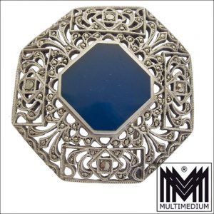 Prachtvolle antike Art Deco Markasiten Silber Brosche Chalzedon