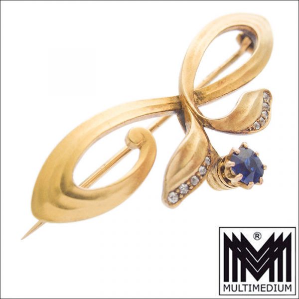 Jugendstil 585 Gold Saphir Brosche Diamanten art nouveau gold brooch