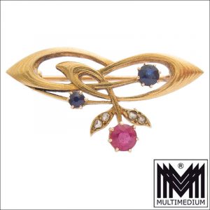 Jugendstil 585 Gold Brosche Diamant Rubin Saphir art nouveau gold brooch