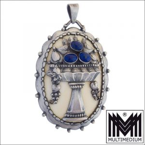 Jugendstil Silber Lapislazuli Bein Anhänger um 1890 Art Nouveau silver Lapis lazuli bone pendant