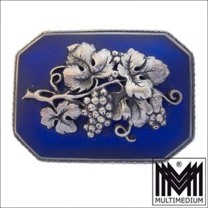 Antike Silber Brosche Emaille Blau Weinreben Weinblätter blue enamel silver brooch