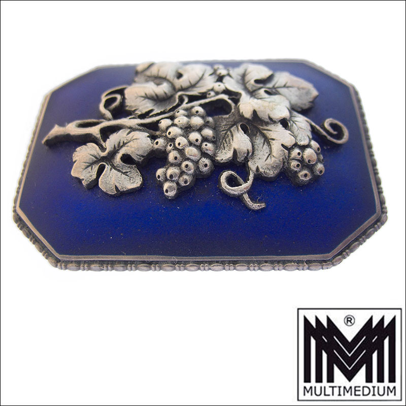 Antike Silber Brosche Emaille Blau Weinreben Weinblätter blue enamel silver brooch