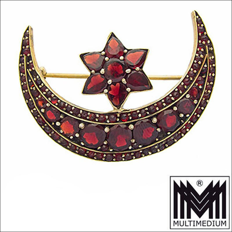 Antike Boehmische Granat Brosche Mond Stern Jugendstil Tombak Garnet Brooch 01 1 Antike Böhmische Granat Brosche Mond & Stern Jugendstil Tombak Garnet Brooch