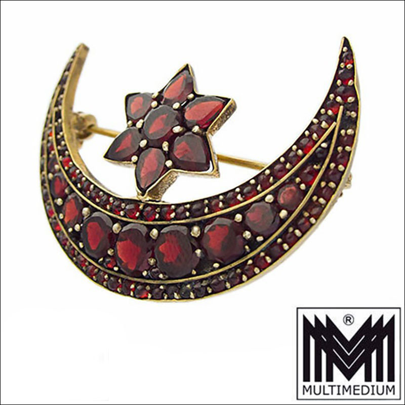 Antike Böhmische Granat Brosche Mond & Stern Jugendstil Tombak Garnet Brooch