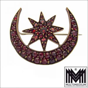 Antike Böhmische Granat Brosche Mond & Stern Jugendstil Tombak vergoldet