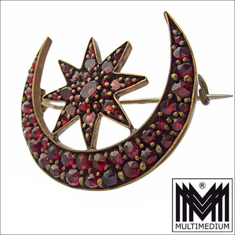 Antike Böhmische Granat Brosche Mond & Stern Jugendstil Tombak vergoldet