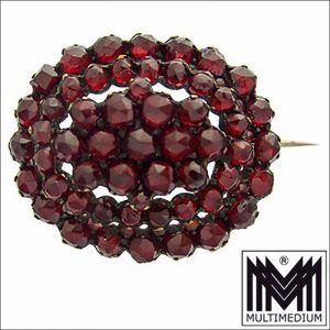 Antike Granat Brosche um 1860 - Historismus Böhmischer Granat - Tombak Oval
