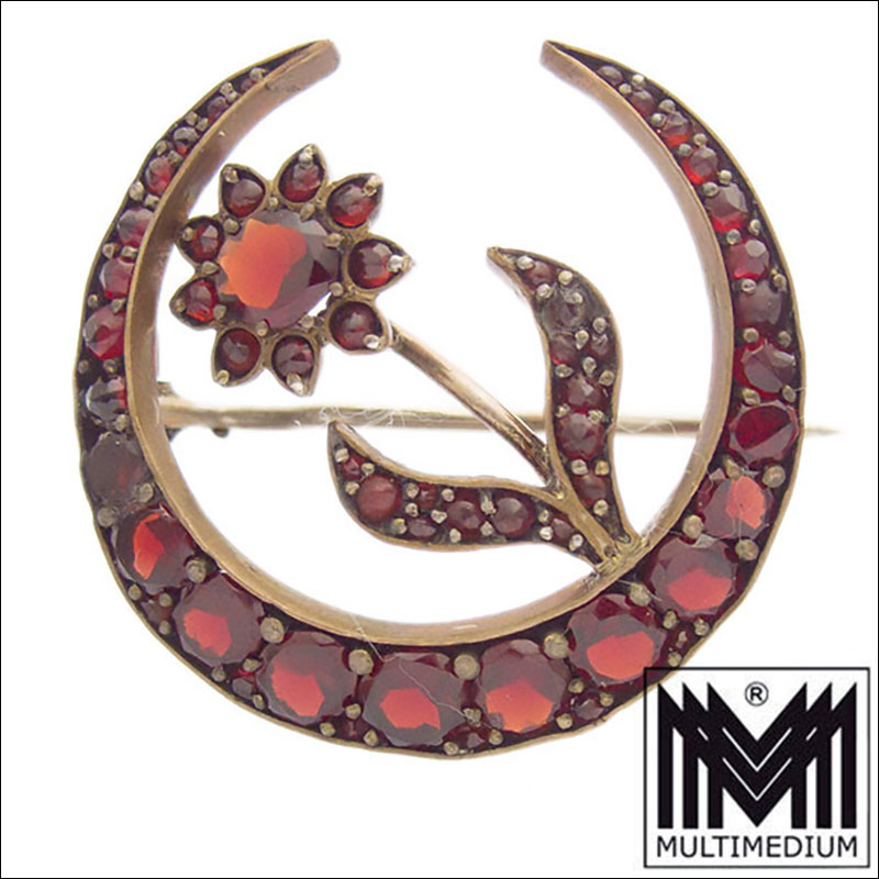 Art Nouveau Granat Brosche – Antiker Jugendstil – Tombak vergoldet – Top Zustand