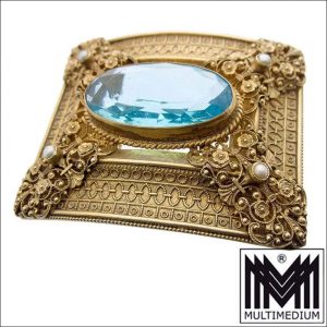 Jugendstil Gürtelschnalle Turriet und Bardach Metall vergoldet blauer Kunststein