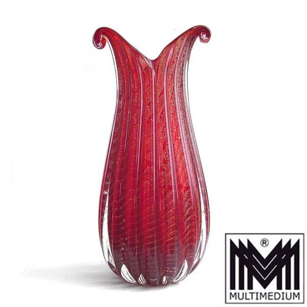 Barovier und Toso rubinrote 50er Jahre Glas Vase Murano Goldpuder Cordonato d'Oro