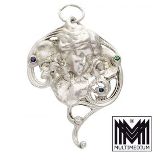 Jugendstil Silber Modesty Anhänger Antoine Beaudouin Diamant Saphir Smaragd art nouveau silver pendant diamond sapphire emerald