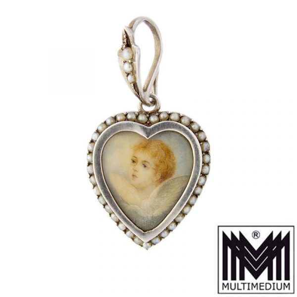 - Verkauft - Antiker Silber Herz Medaillon Anhänger Engel Miniatur Malerei Saatperlen um 1920
