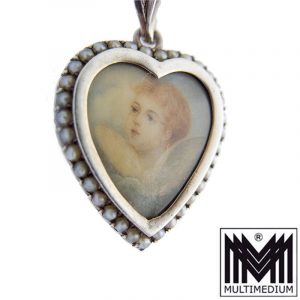 Antiker Silber Herz Medaillon Anhänger Engel Miniatur Malerei Saatperlen um 1920