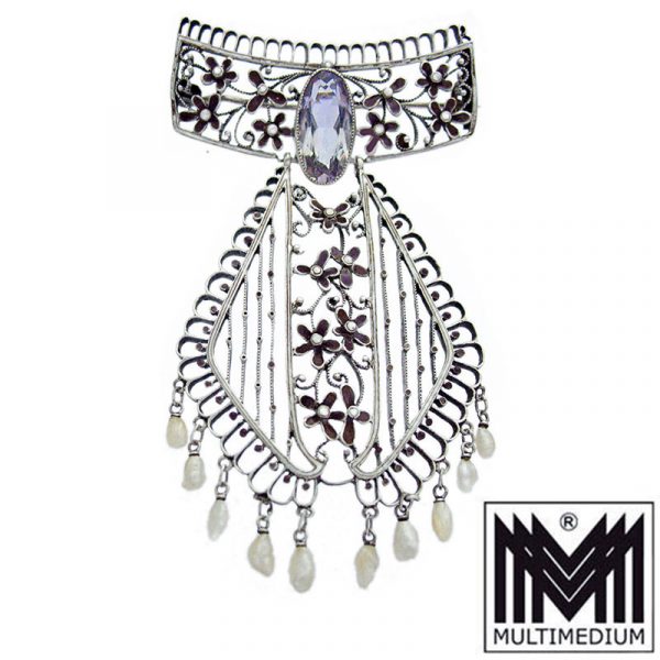 Jugendstil Brosche Emaille Süßwasserperlen Amethyst Art Nouveau silver enamel brooch pearls