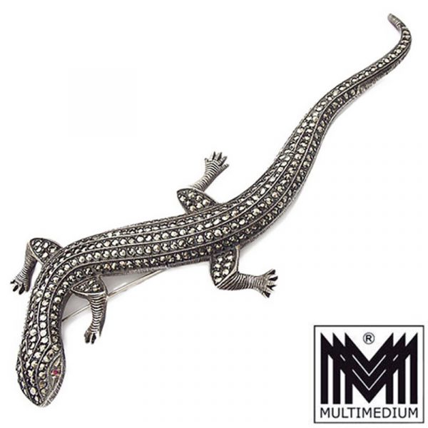 Große 13,9 cm Silber Brosche Eidechse Salamander Markasiten silver brooch lizard
