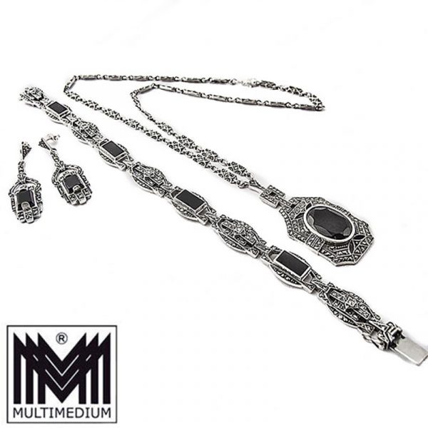 Art Deco Silber Collier Armband Ohrringe Set Onyx Markasite silver