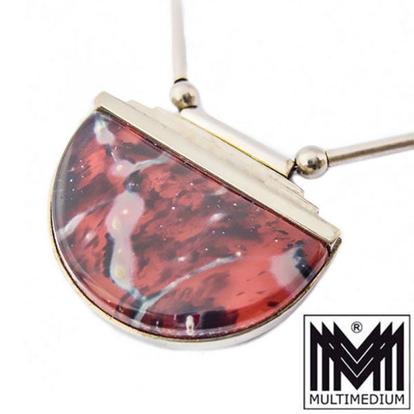 - VERKAUFT - Art Deco Halskette WMF Ikora Glas Schmuck rot marmoriert Anhänger Collier myra