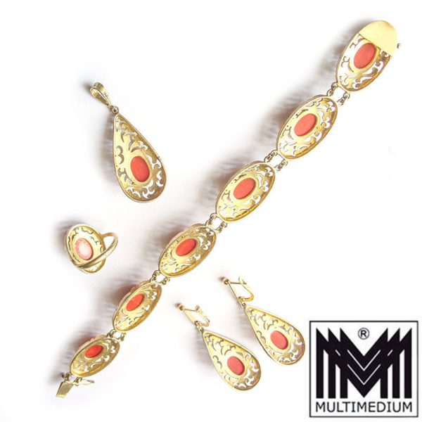 CRW 1396 Koralle Set Ring Ohrringe Armband Anhänger coral silver earring bracelet pendant