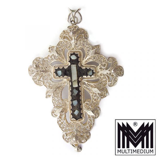 Silber Kreuz Rosenkranz Anhänger Perlmutt filigran silver cross pendant rosary