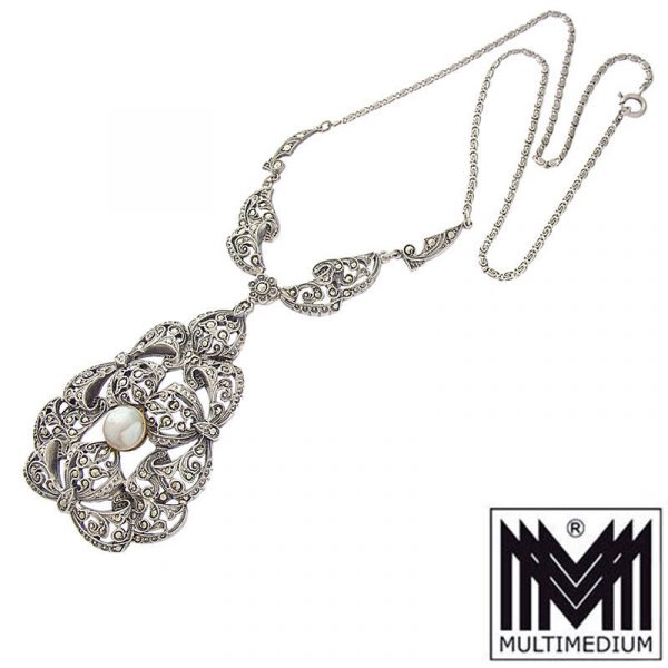 Art Deco Silber Collier Perle Markasite Halskette um 1926 Blumen