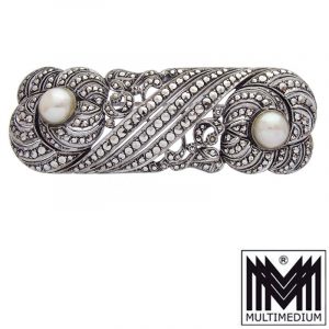 Prachtvolle Art Deco Silber Brosche Markasiten Perlen