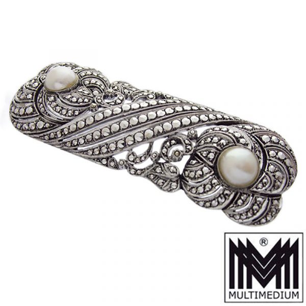 Prachtvolle Art Deco Silber Brosche Markasiten Perlen