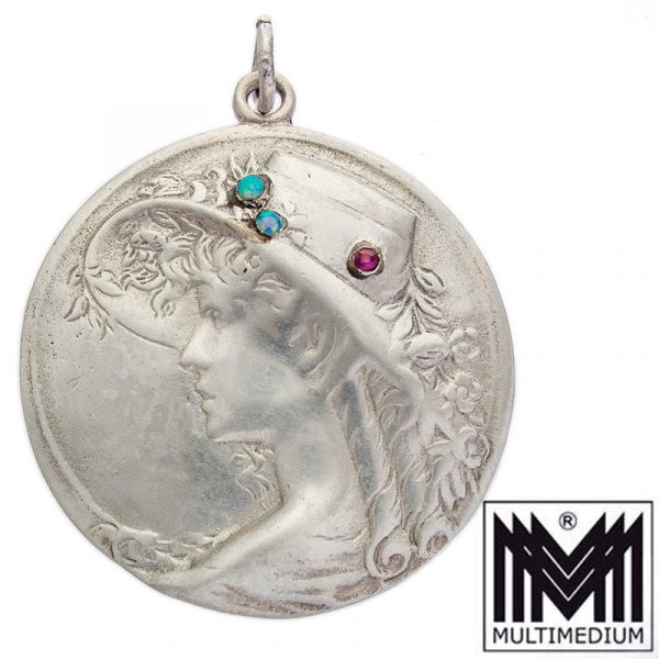 Jugendstil Silber Anhänger Dame Opal Granat silver pendant lady