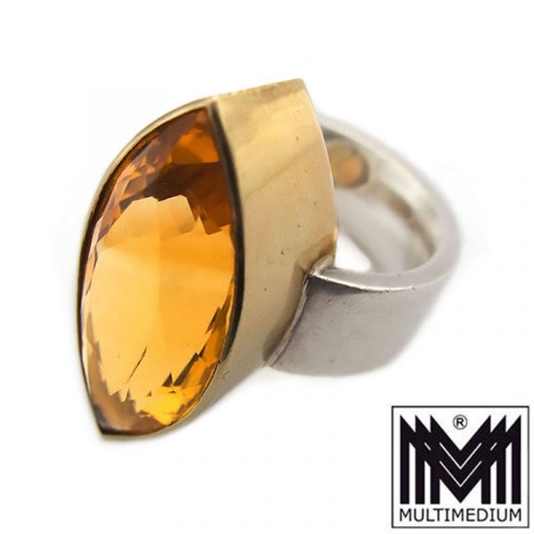 Modernist Silber Ring Citrin Fassung Gold Auflage Handarbeit gold topaz