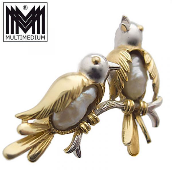333 Gold Brosche Vögel Süßwasser Perle silver brooch birds seedpearls