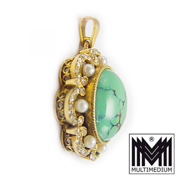 585 14ct Gold Art Deco Anhänger Türkis Diamant Perle pendant tuquoise diamond